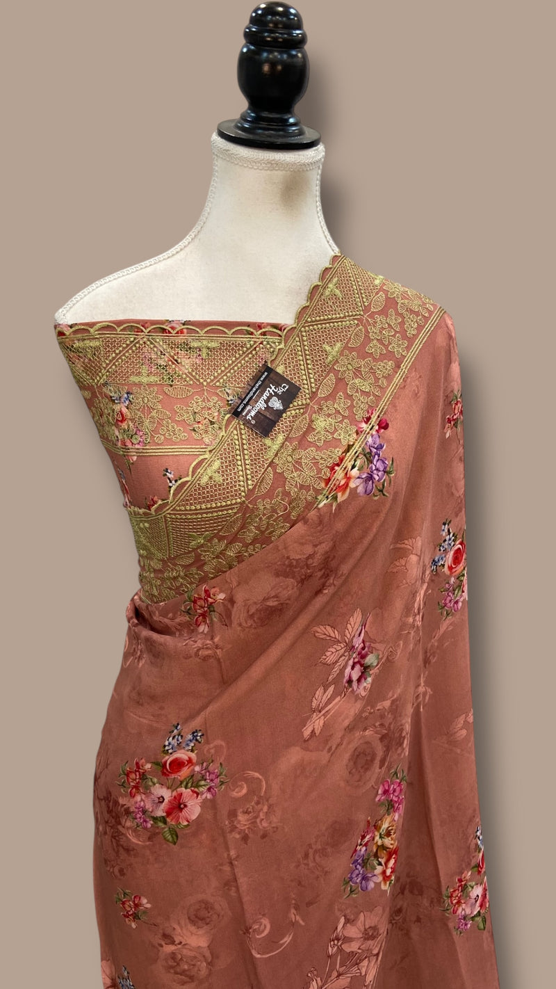 Pure Georgette Handloom Banarasi Saree - Chikanka With Digital Print - The Handlooms