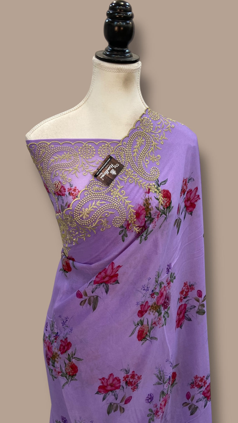 Pure Georgette Handloom Banarasi Saree - Chikanka With Digital Print - The Handlooms