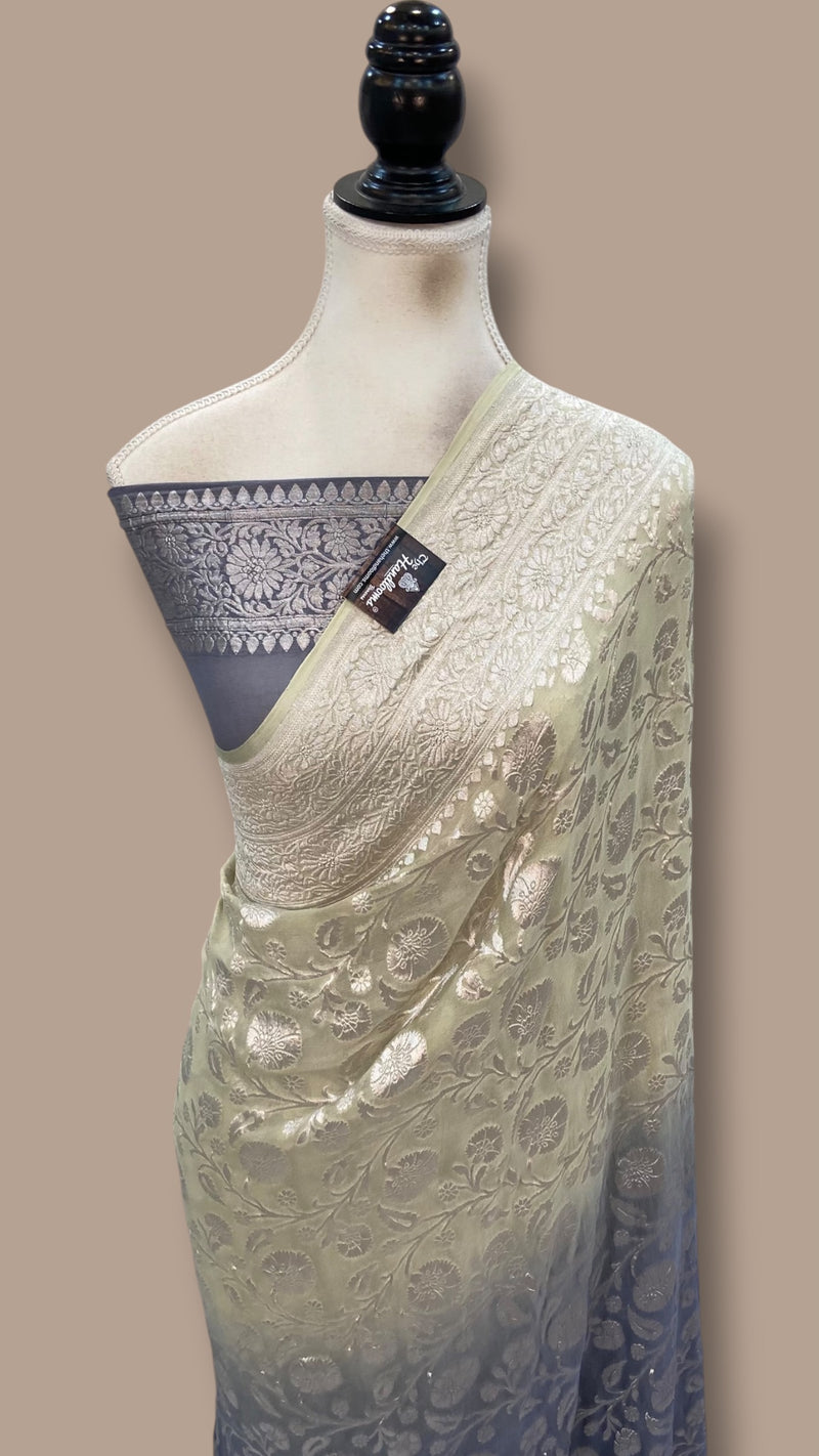 Pure Khaddi Georgette Handloom Banarasi Saree - Silver Zari