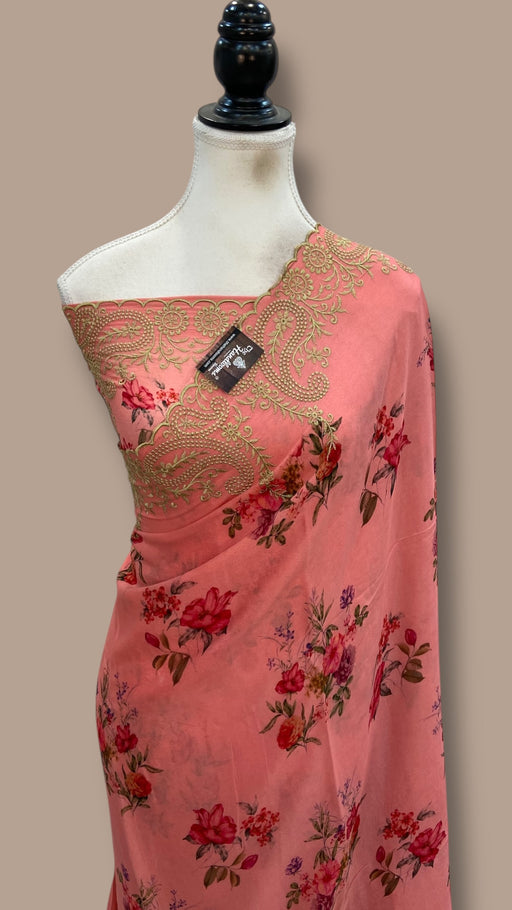 Pure Georgette Handloom Banarasi Saree - Chikanka With Digital Print - The Handlooms