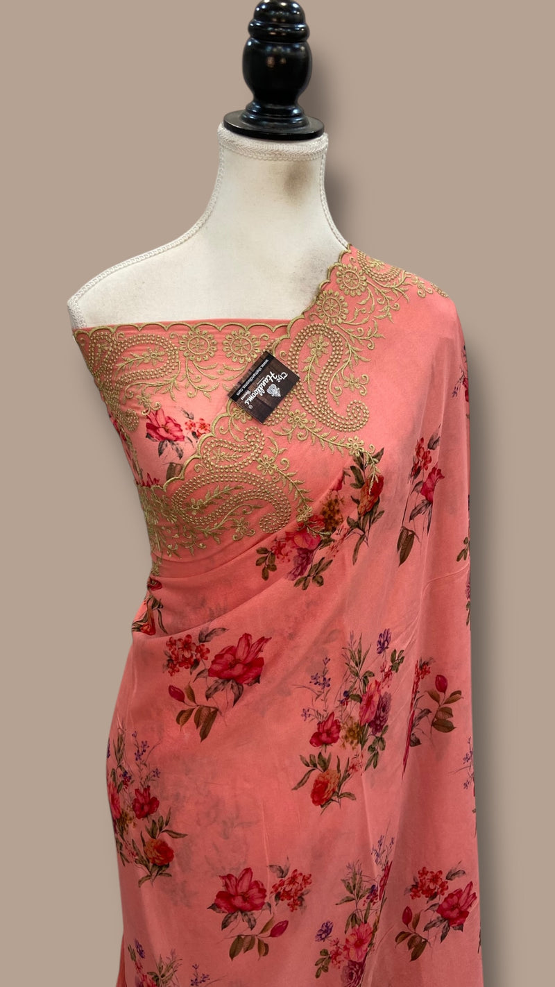 Pure Georgette Handloom Banarasi Saree - Chikanka With Digital Print - The Handlooms