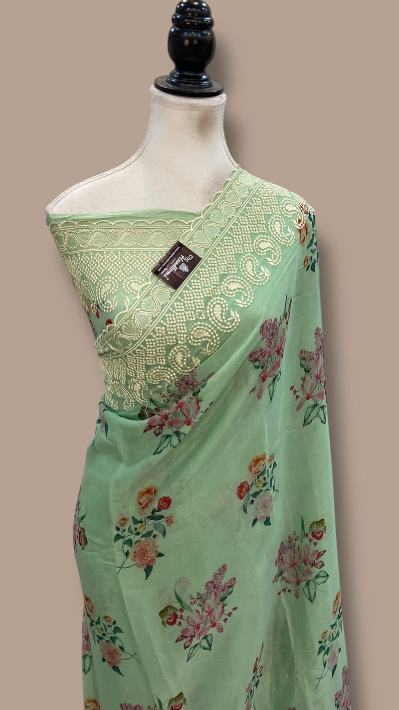 Pure Georgette Handloom Banarasi Saree - Chikanka With Digital Print - The Handlooms