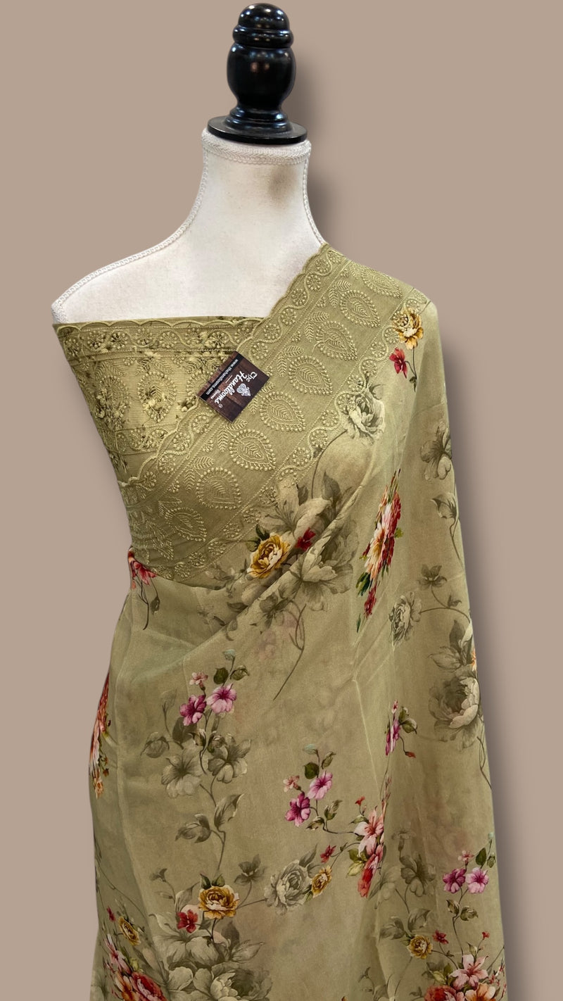 Pure Georgette Handloom Banarasi Saree - Chikanka With Digital Print - The Handlooms