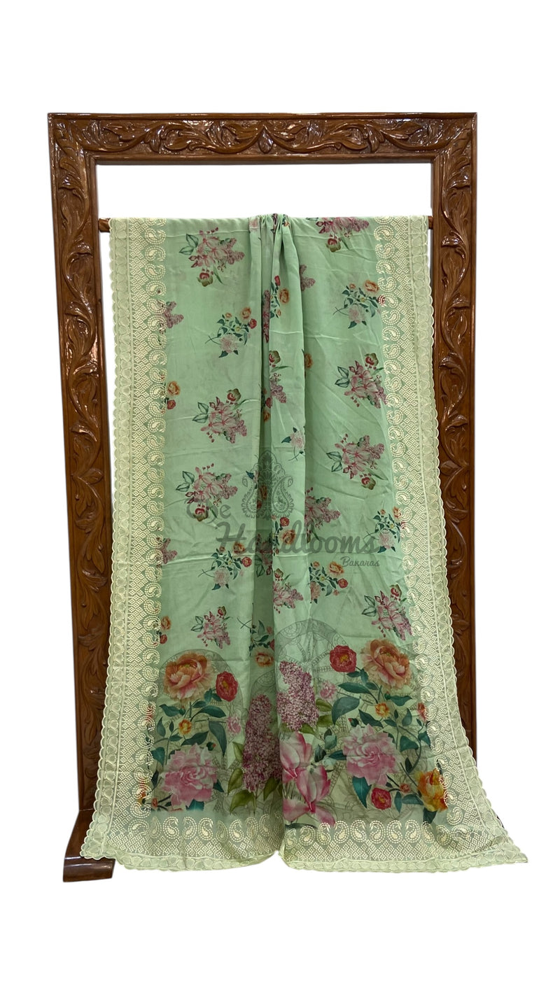 Pure Georgette Handloom Banarasi Saree - Chikanka With Digital Print - The Handlooms