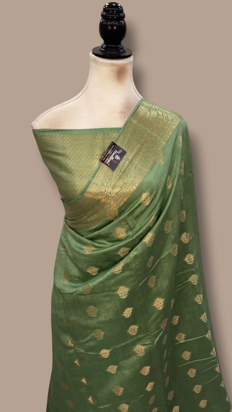 Pista Green Pure Chiniya Silk Handloom Banarasi Saree