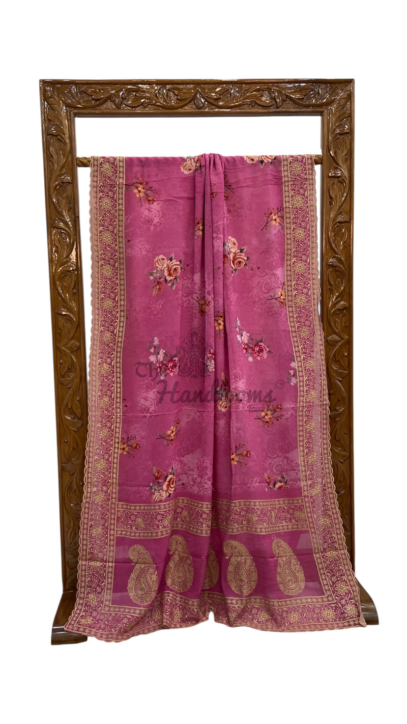 Pure Georgette Handloom Banarasi Saree - Chikanka With Digital Print - The Handlooms