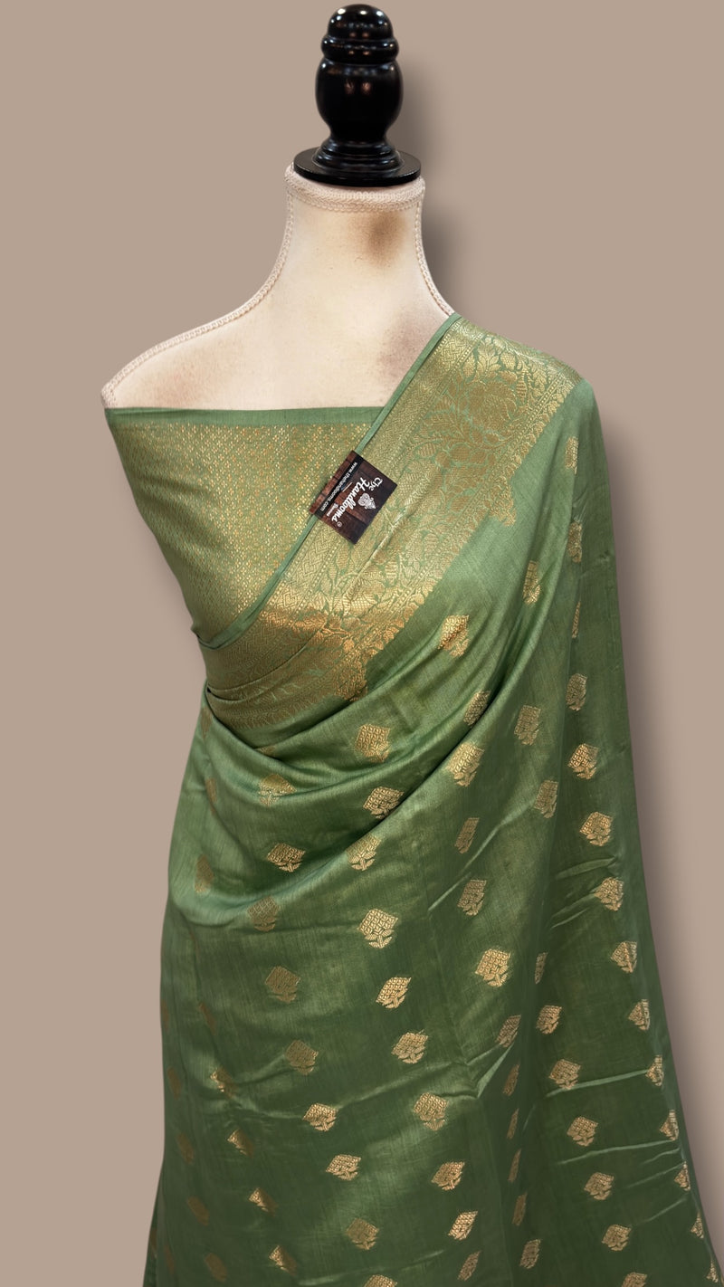 Pista Green Pure Chiniya Silk Handloom Banarasi Saree