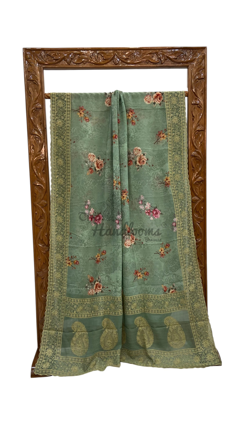 Pure Georgette Handloom Banarasi Saree - Chikanka With Digital Print - The Handlooms