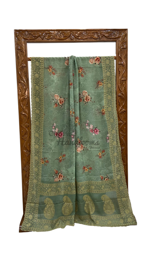 Pure Georgette Handloom Banarasi Saree - Chikanka With Digital Print - The Handlooms