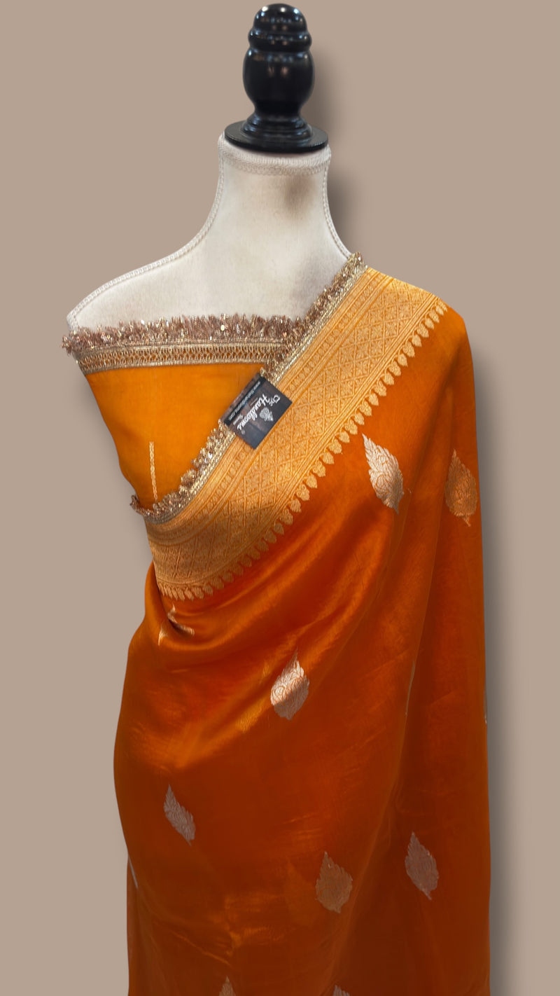 Honey Pure Kora Handloom Banarasi Saree - Sona Roopa Alfi Kadua Boota With Lace work