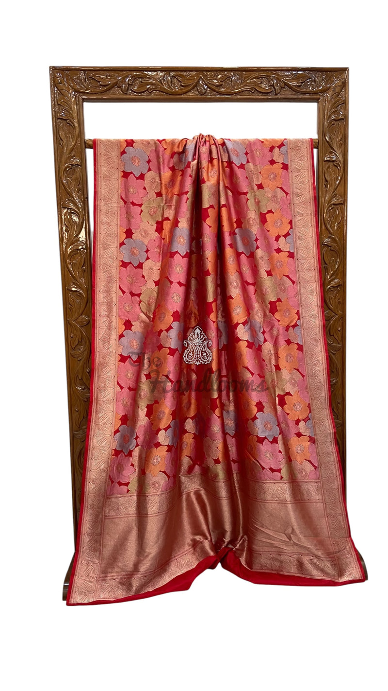 Red Nita Ambani in Pure Katan Silk Banarasi Handloom Saree - All over Floral Motifs With Meenakari