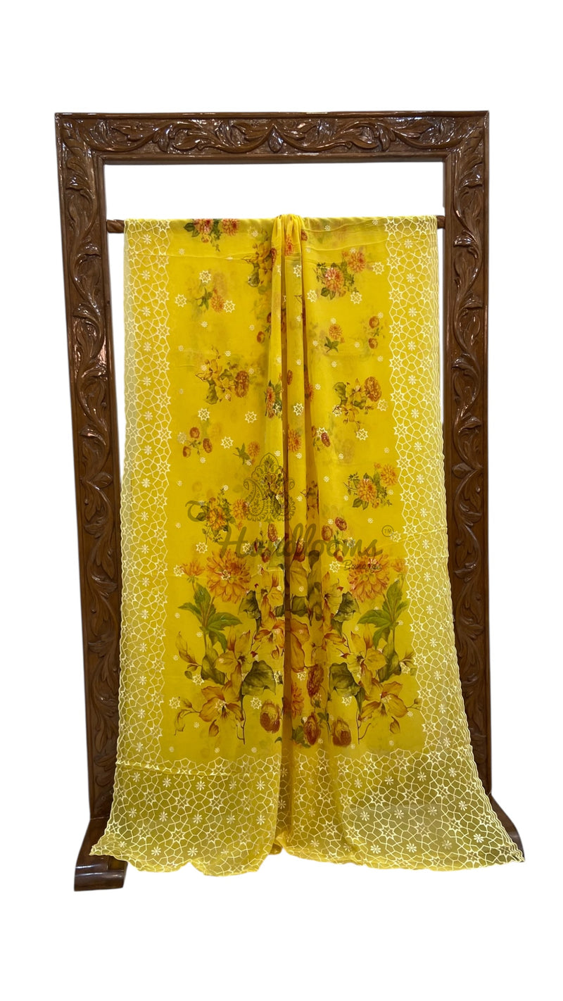 Pure Georgette Handloom Banarasi Saree - Chikanka With Digital Print - The Handlooms