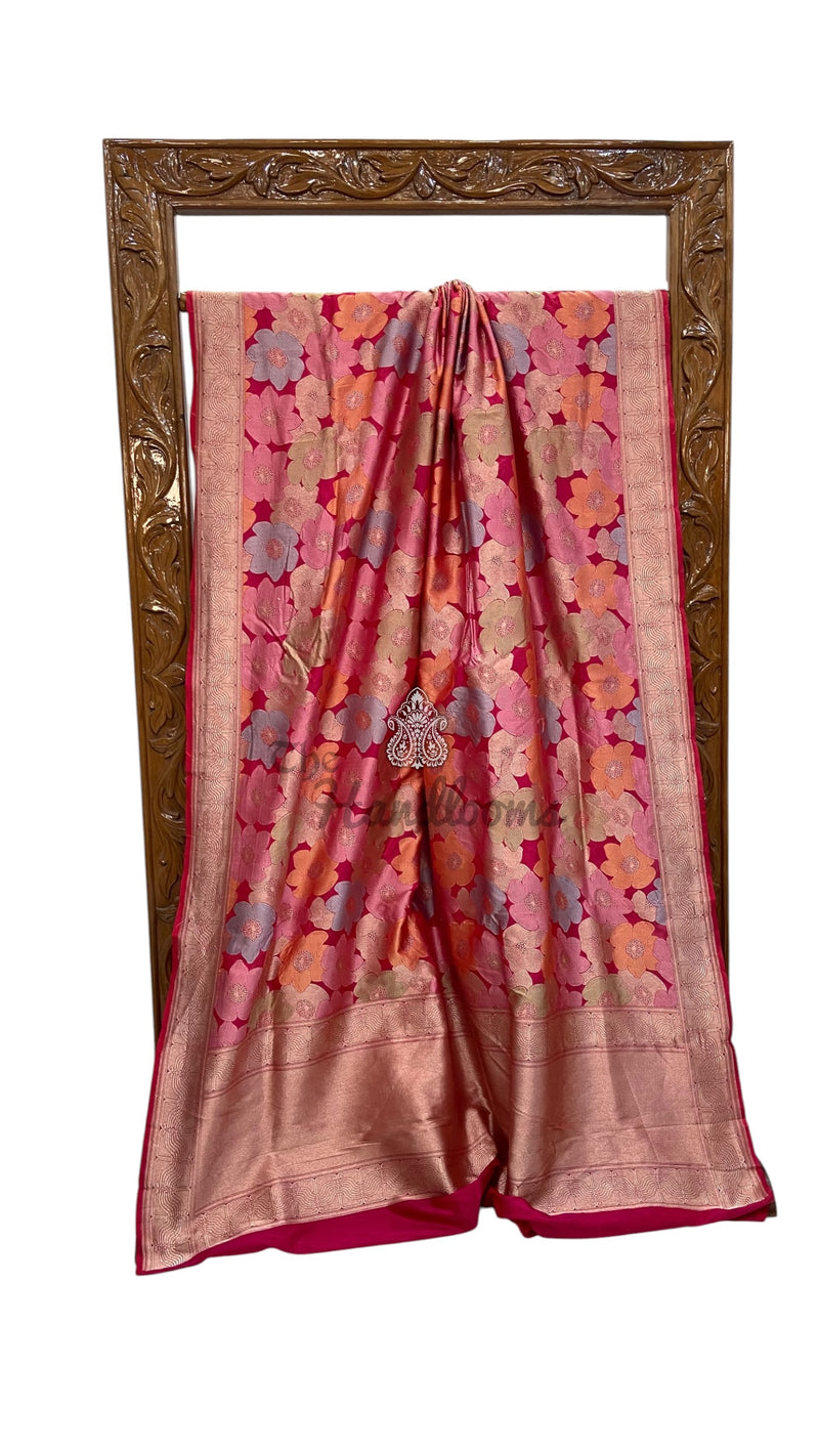 Hot Pink Nita Ambani in Pure Katan Silk Banarasi Handloom Saree - All over Floral Motifs With Meenakari