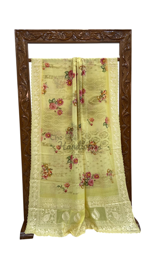 Pure Georgette Handloom Banarasi Saree - Chikanka With Digital Print - The Handlooms