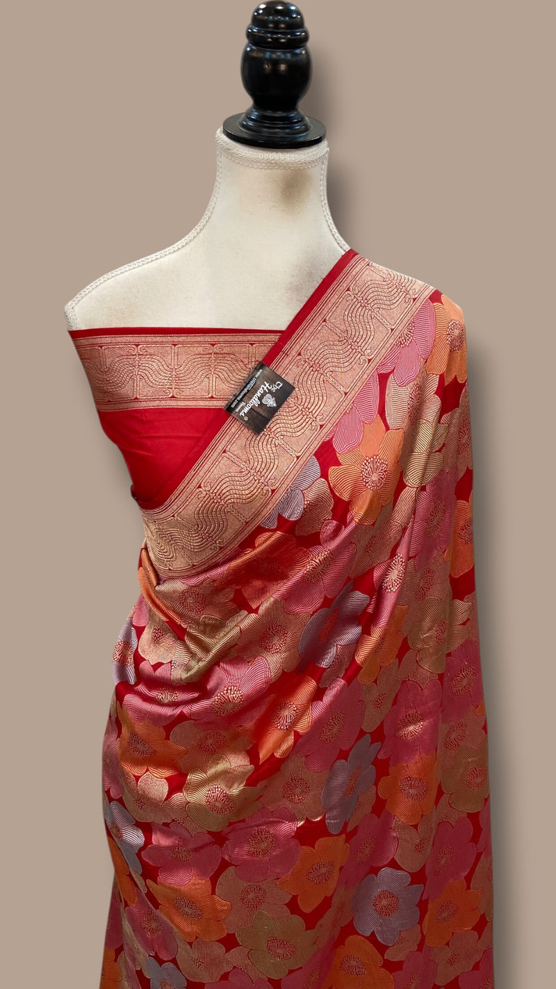 Red Nita Ambani in Pure Katan Silk Banarasi Handloom Saree - All over Floral Motifs With Meenakari