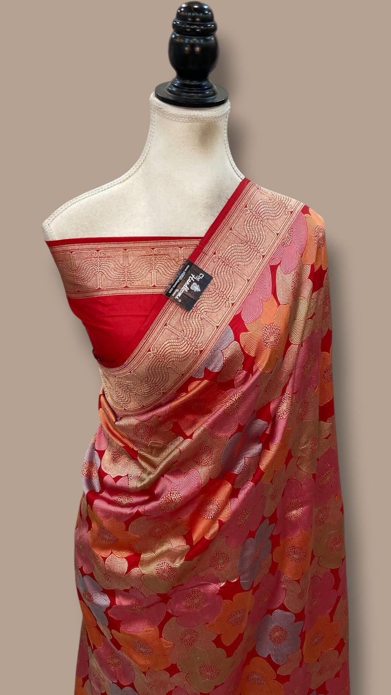 Red Nita Ambani in Pure Katan Silk Banarasi Handloom Saree - All over Floral Motifs With Meenakari
