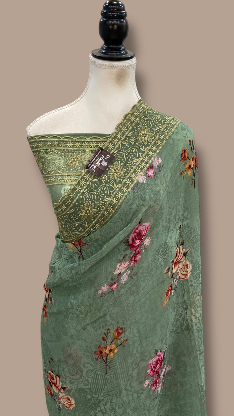 Pure Georgette Handloom Banarasi Saree - Chikanka With Digital Print - The Handlooms