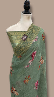 Pure Georgette Handloom Banarasi Saree - Chikanka With Digital Print - The Handlooms