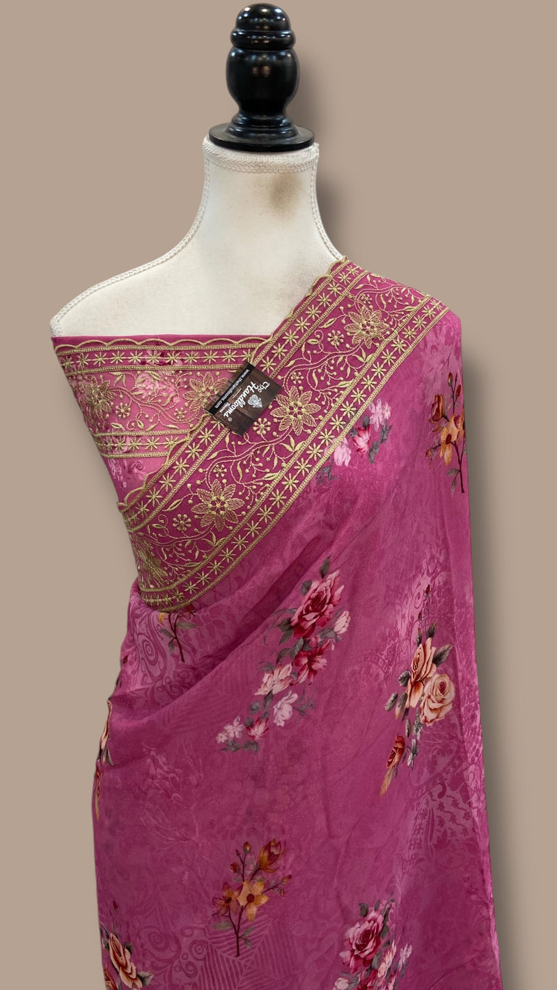 Pure Georgette Handloom Banarasi Saree - Chikanka With Digital Print - The Handlooms