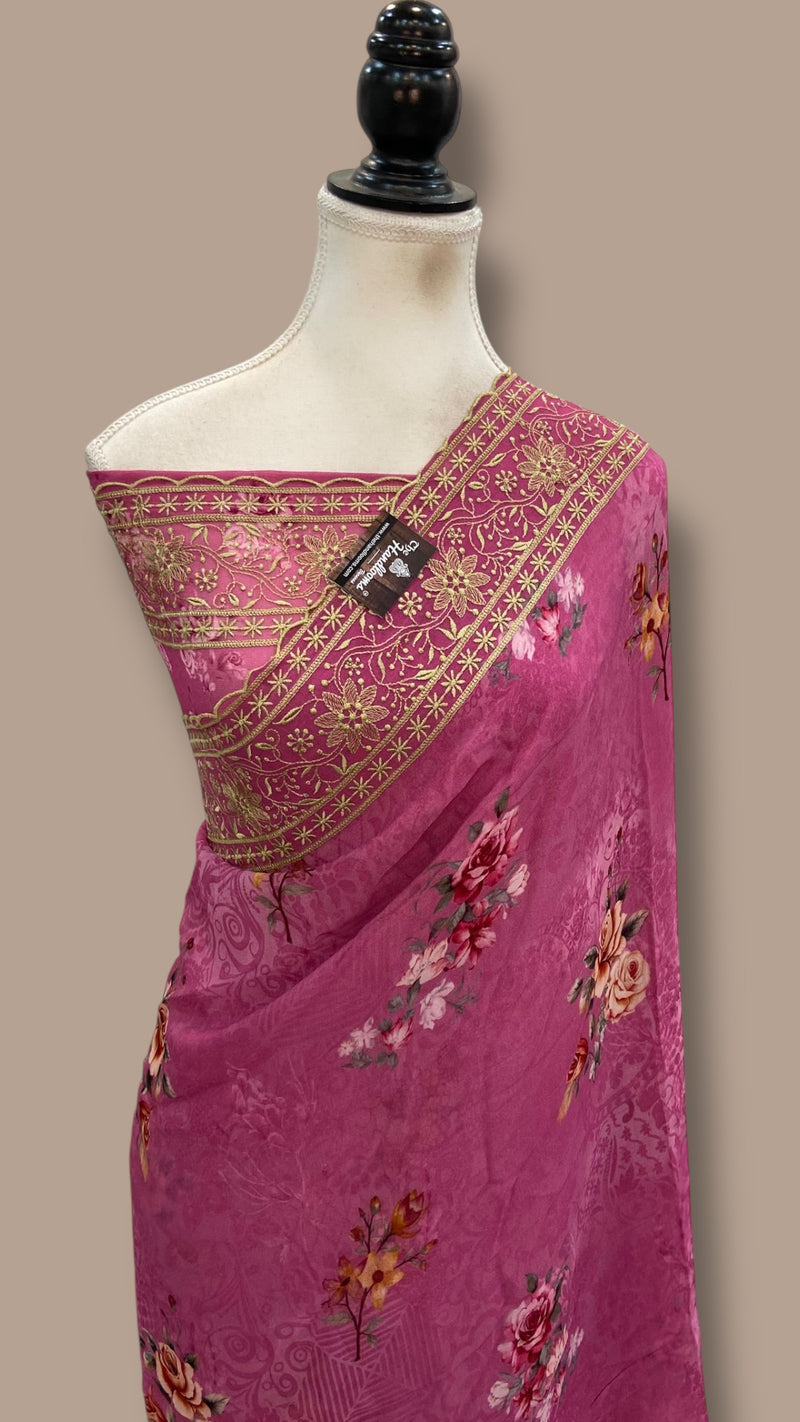 Pure Georgette Handloom Banarasi Saree - Chikanka With Digital Print - The Handlooms