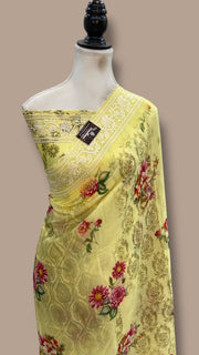 Pure Georgette Handloom Banarasi Saree - Chikanka With Digital Print - The Handlooms