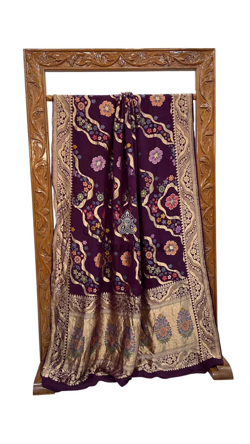Pure Khaddi Georgette Handloom Banarasi Saree - All over Jaal Work With Meenakari