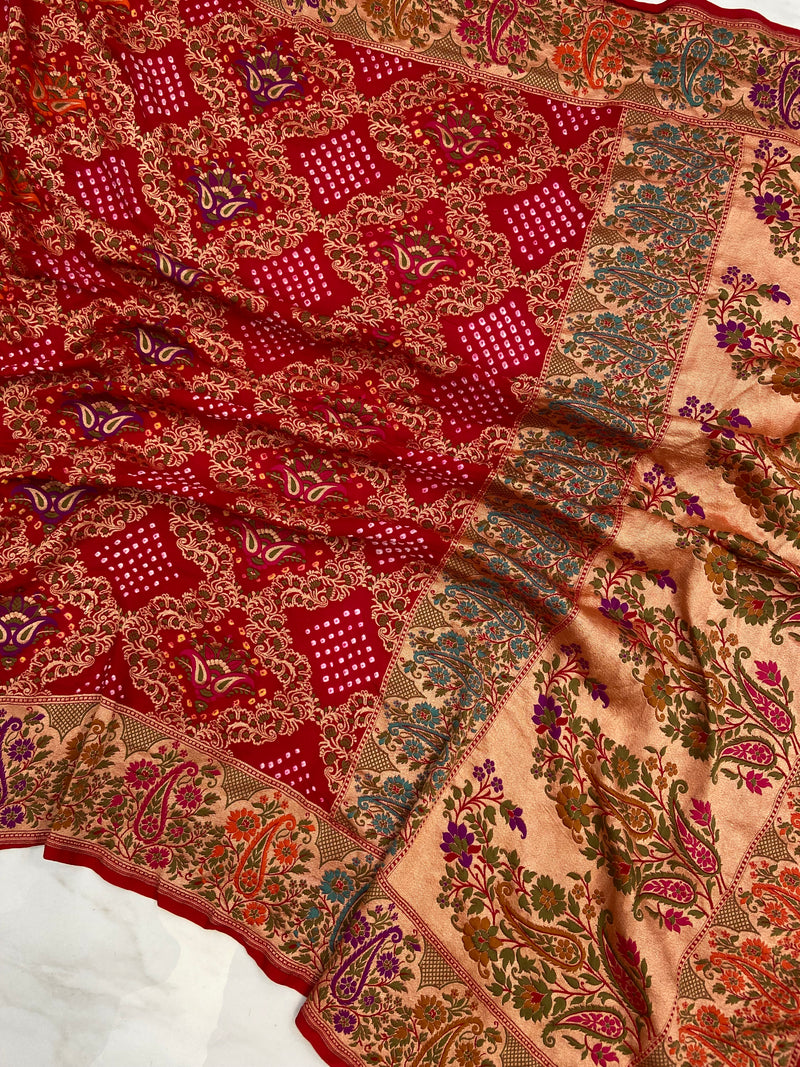 Pure Georgette Banarasi Bandhej Handloom Saree - with meenakari work - The Handlooms