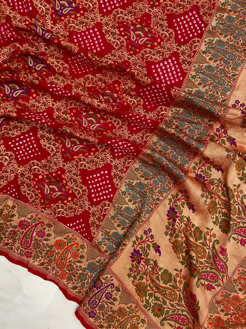 Pure Georgette Banarasi Bandhej Handloom Saree - with meenakari work - The Handlooms