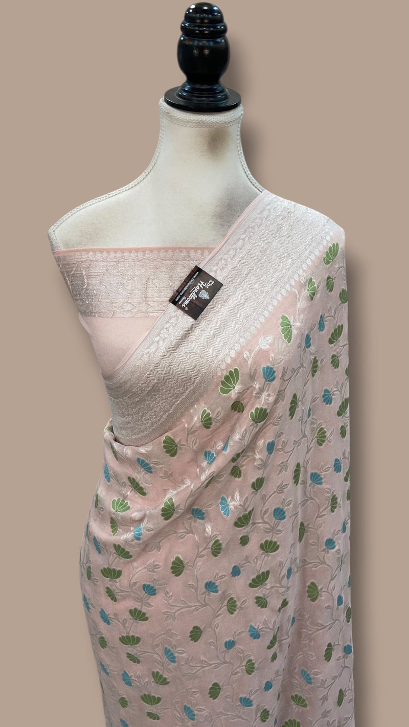 Pure Khaddi Georgette Handloom Banarasi Saree - All Over Jaal Work With Meenakari