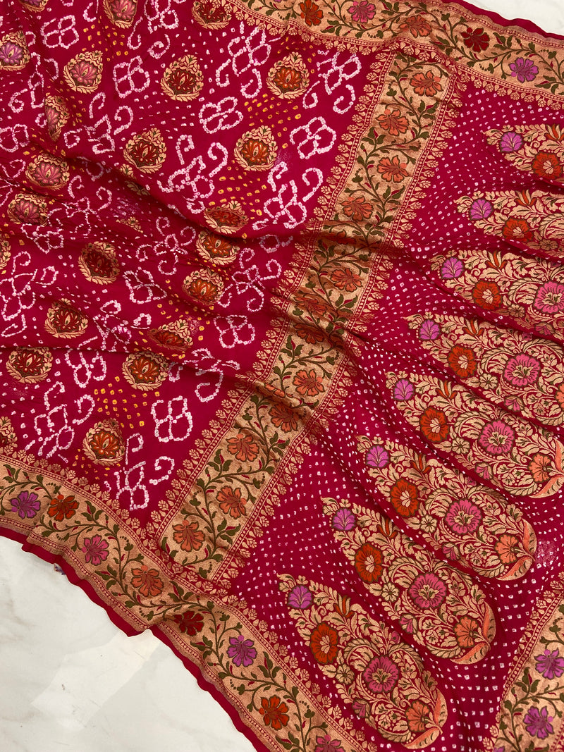 Pure Georgette Banarasi Bandhej Handloom Saree - with meenakari work - The Handlooms