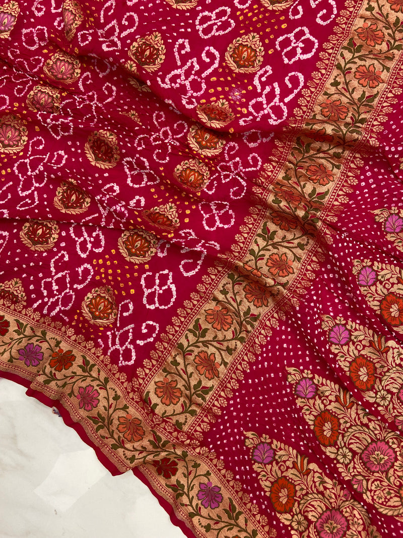 Pure Georgette Banarasi Bandhej Handloom Saree - with meenakari work - The Handlooms