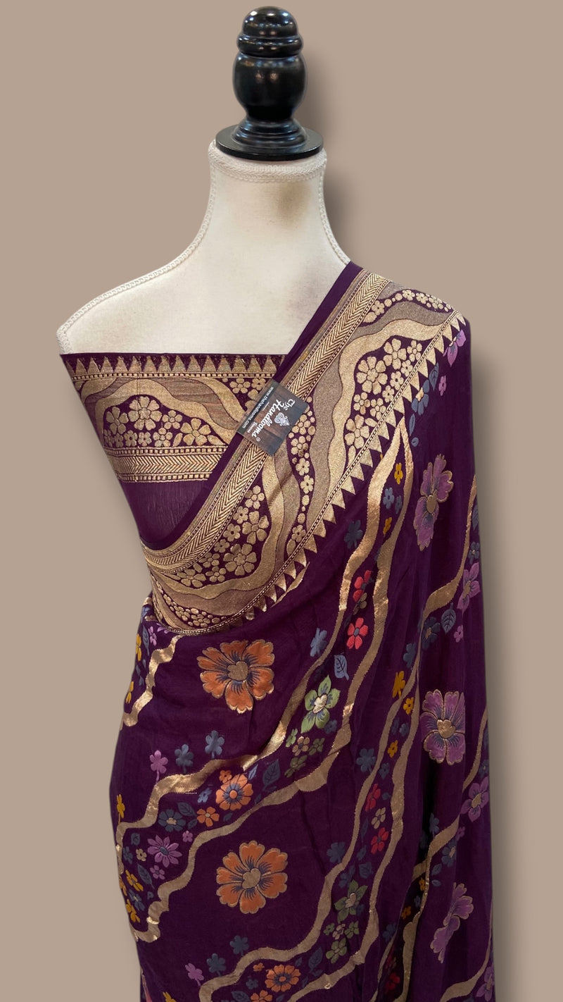 Pure Khaddi Georgette Handloom Banarasi Saree - All over Jaal Work With Meenakari