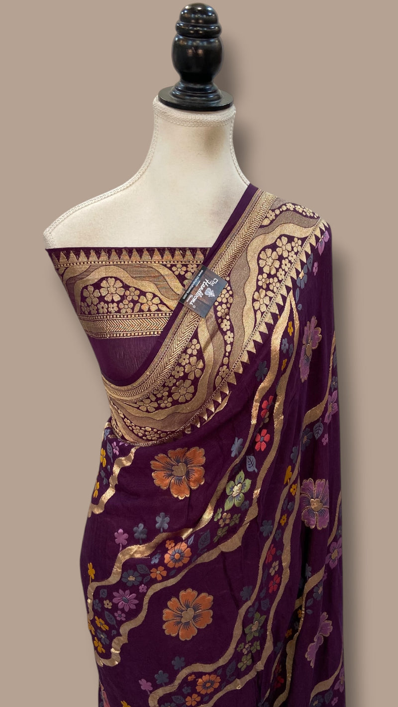 Pure Khaddi Georgette Handloom Banarasi Saree - All over Jaal Work With Meenakari