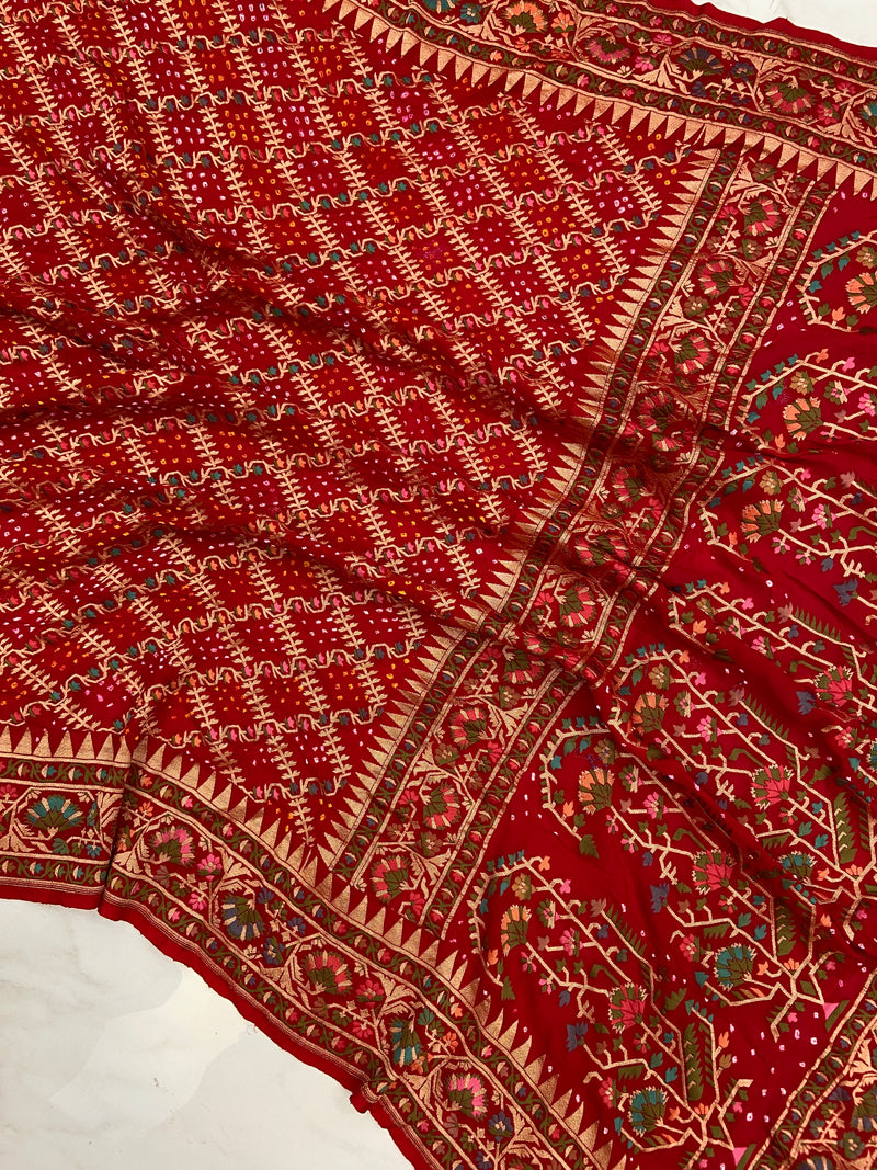 Pure Georgette Banarasi Bandhej Handloom Saree - with meenakari work - The Handlooms