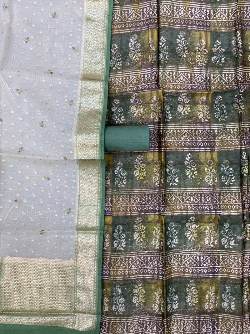 Pure Chanderi Cotton Banarasi Dress material - Chikankari With Organza Dupatta - The Handlooms