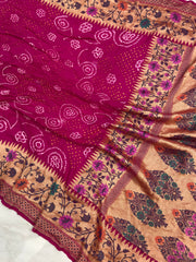 Pure Georgette Banarasi Bandhej Handloom Saree - with meenakari work - The Handlooms
