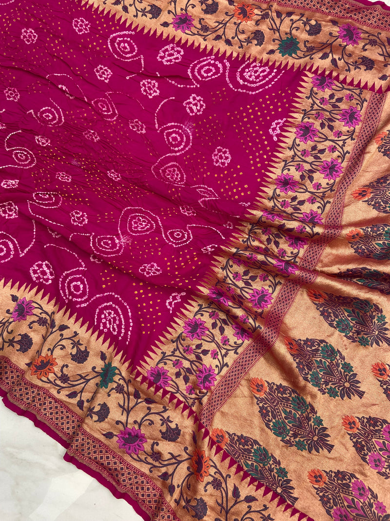 Pure Georgette Banarasi Bandhej Handloom Saree - with meenakari work - The Handlooms