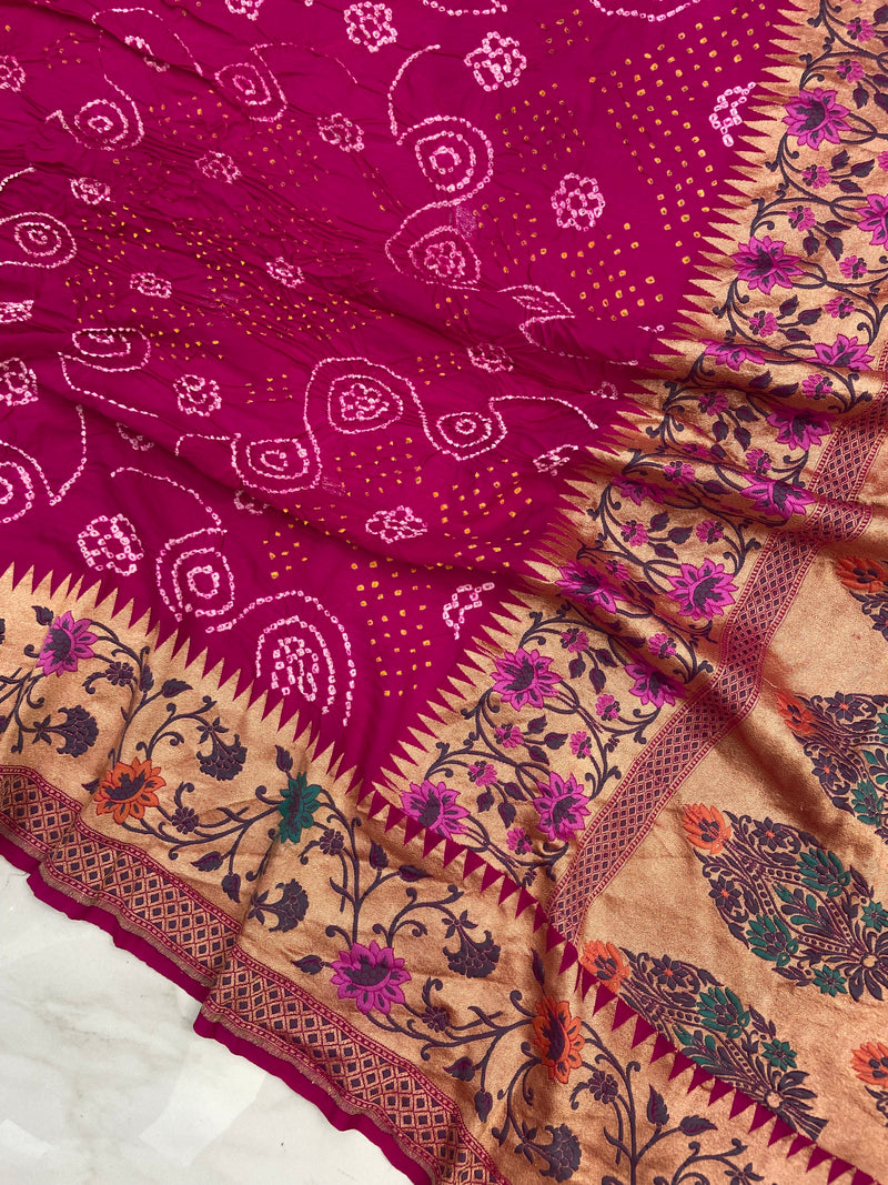 Pure Georgette Banarasi Bandhej Handloom Saree - with meenakari work - The Handlooms