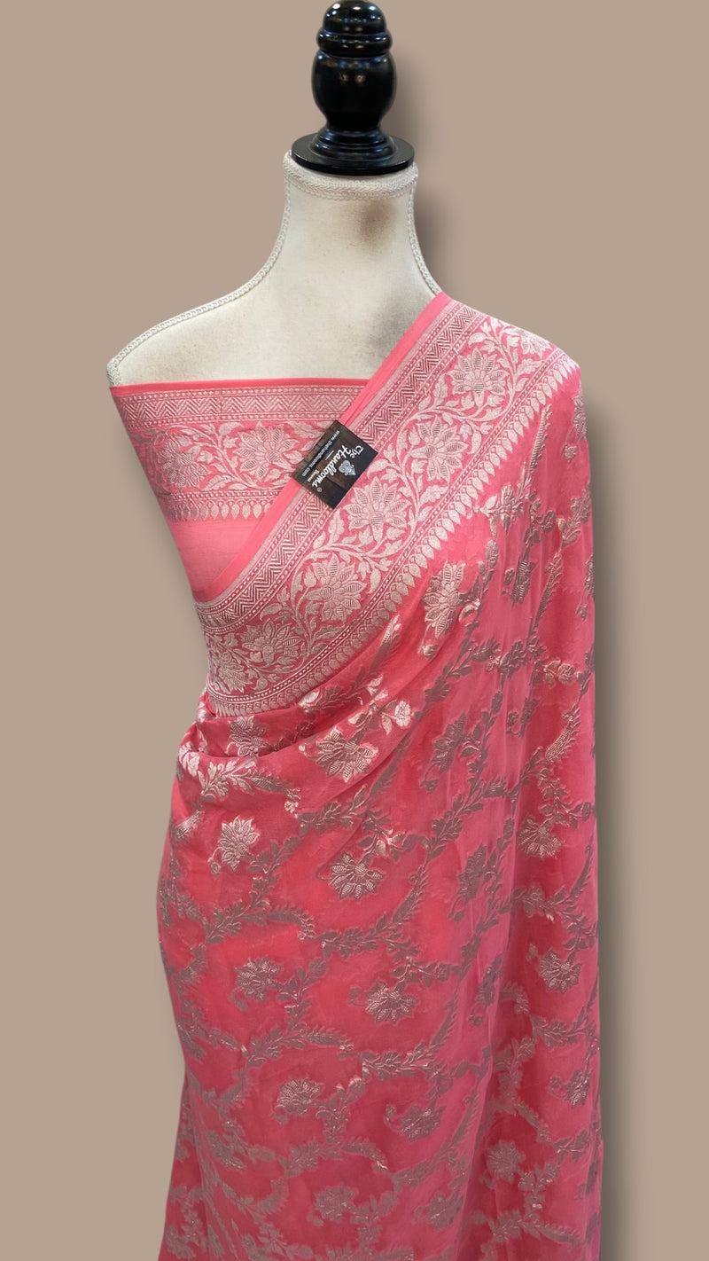 Pure Khaddi Georgette Handloom Banarasi Saree - Silver Zari