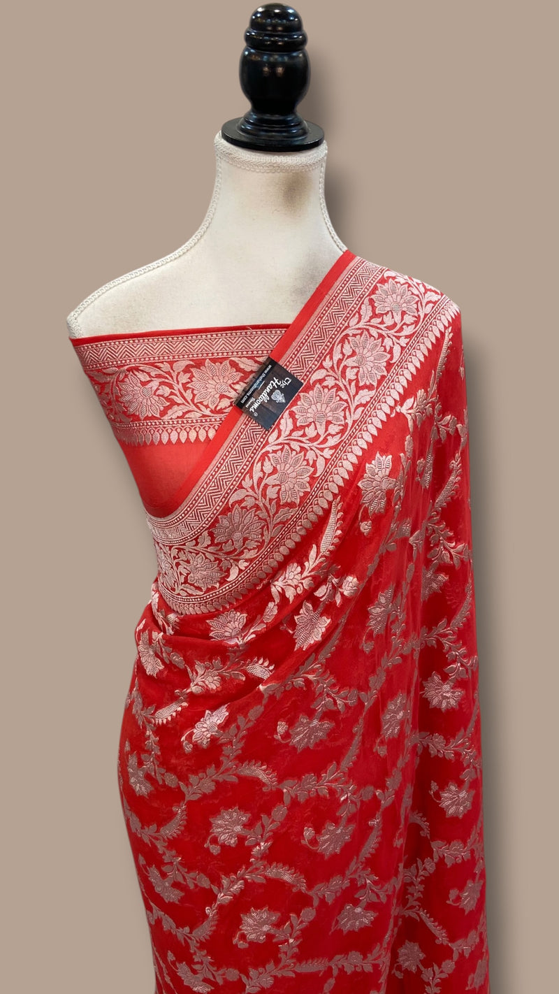 Pure Khaddi Georgette Handloom Banarasi Saree - Silver Zari