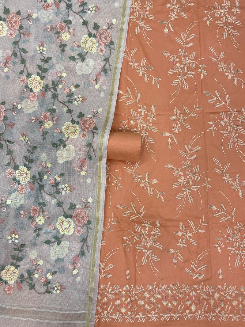 Pure Chanderi Cotton Banarasi Dress material - Chikankari With Organza Dupatta - The Handlooms