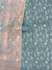 Pure Chanderi Cotton Banarasi Dress material - Chikankari With Organza Dupatta - The Handlooms