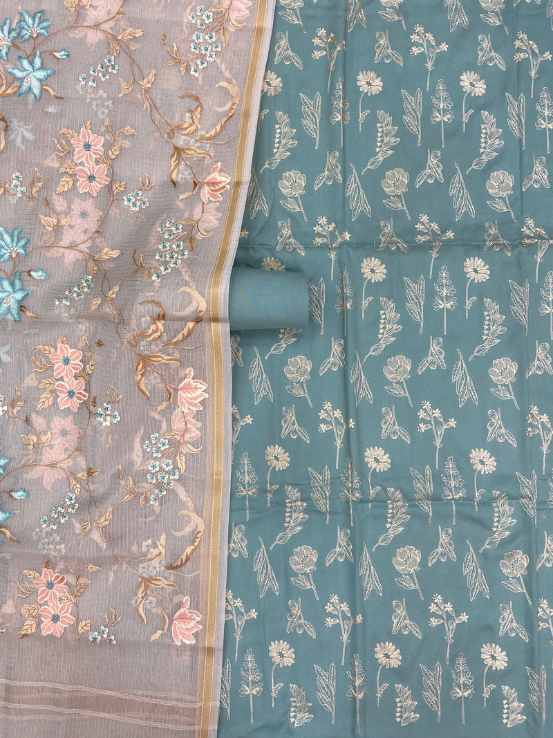 Pure Chanderi Cotton Banarasi Dress material - Chikankari With Organza Dupatta - The Handlooms