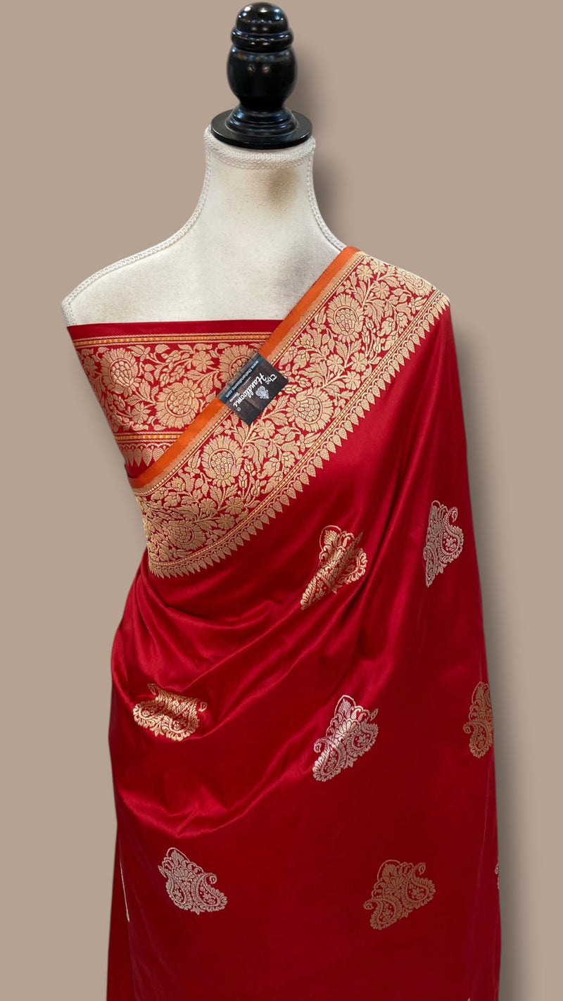 Red Pure Katan Silk Banarasi Handloom Saree - All Over Sona Roopa Kadua Motifs