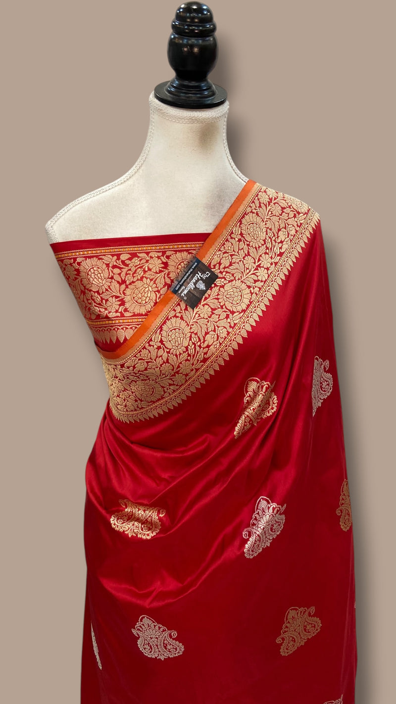 Red Pure Katan Silk Banarasi Handloom Saree - All Over Sona Roopa Kadua Motifs