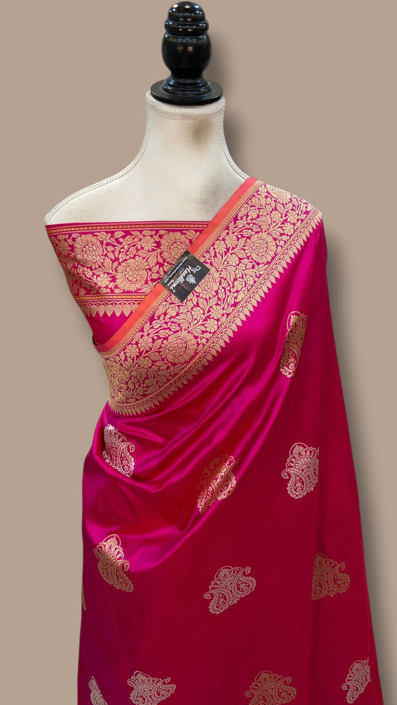 Hot Pink Pure Katan Silk Banarasi Handloom Saree - All Over Sona Roopa Kadua Motifs