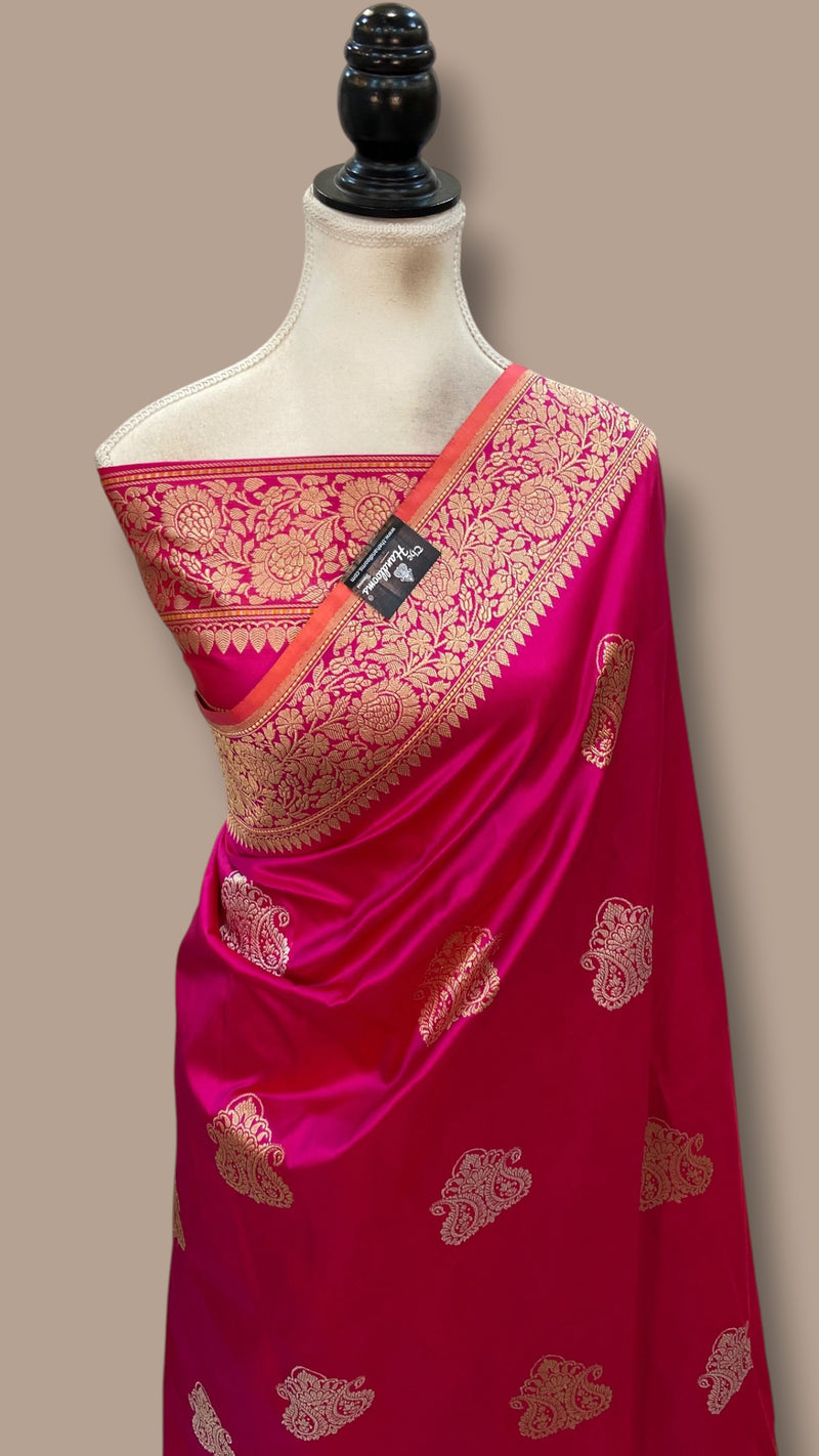 Hot Pink Pure Katan Silk Banarasi Handloom Saree - All Over Sona Roopa Kadua Motifs