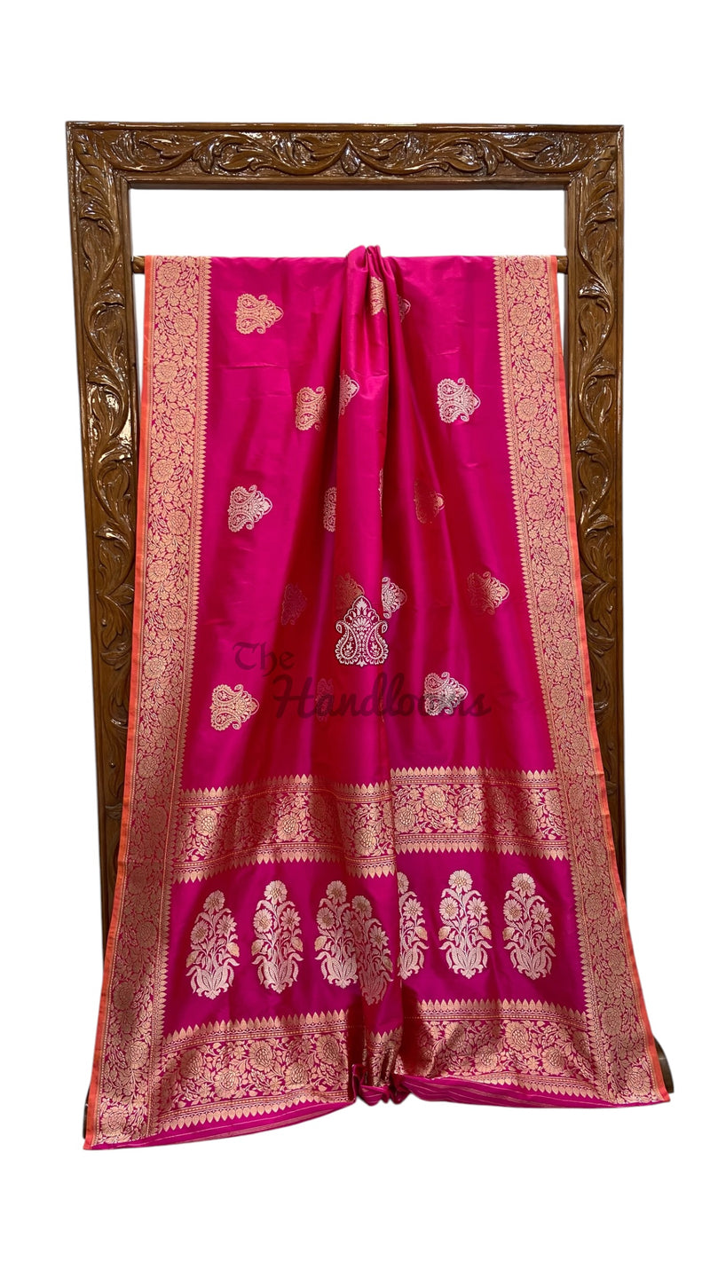 Hot Pink Pure Katan Silk Banarasi Handloom Saree - All Over Sona Roopa Kadua Motifs
