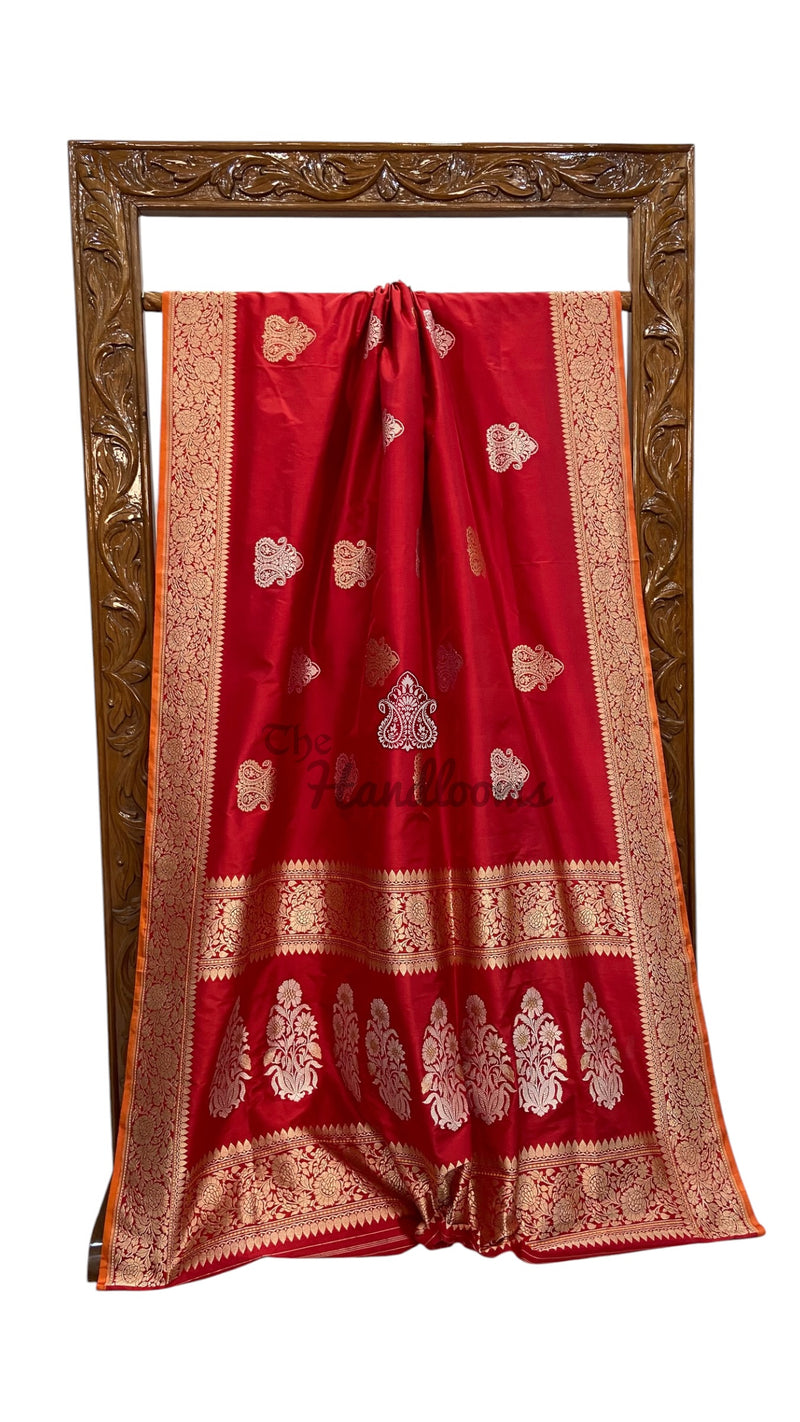 Red Pure Katan Silk Banarasi Handloom Saree - All Over Sona Roopa Kadua Motifs
