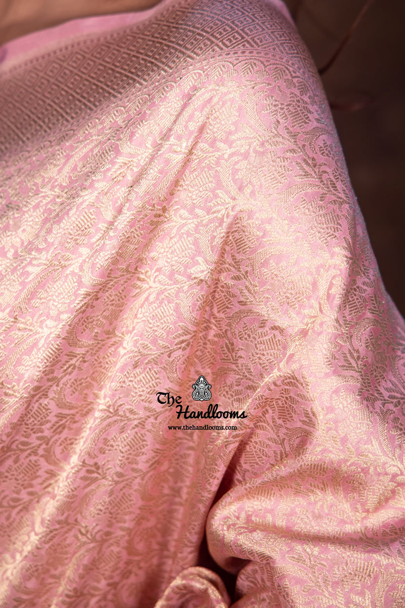 Onion Pink Pure Katan Silk Banarasi Handloom Saree - Tanchui Brocade - The Handlooms